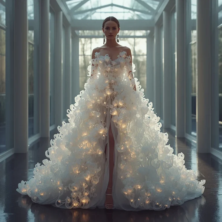 Bioluminescent 3D Crystal-Fungi Fusion Gown in Luminous Airy Pavilion | chatgpt prompt for photo editing trending — AI image prompt