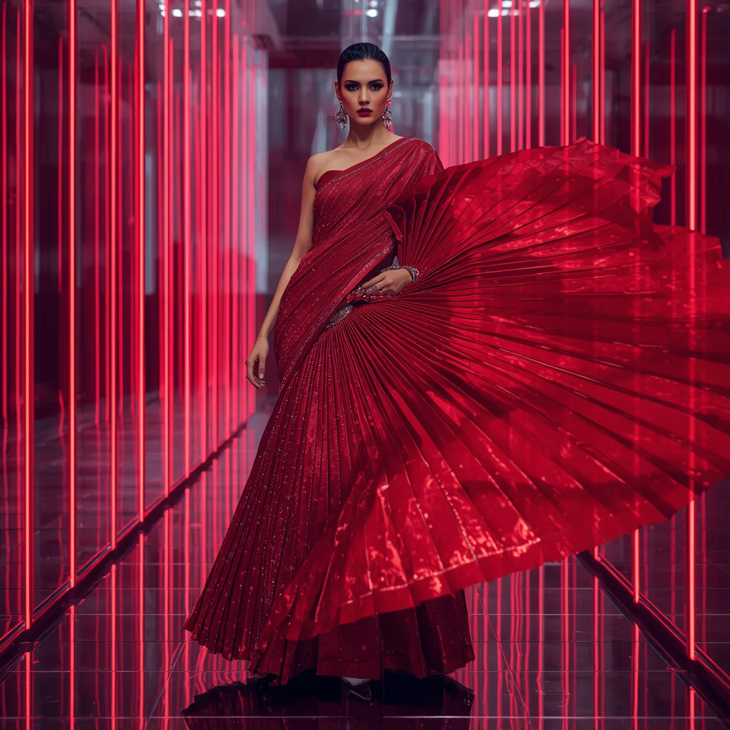 Crimson Aurora Titanium Saree with Digital Reflection Prism Corridor | instagram trending saree prompt — AI image prompt