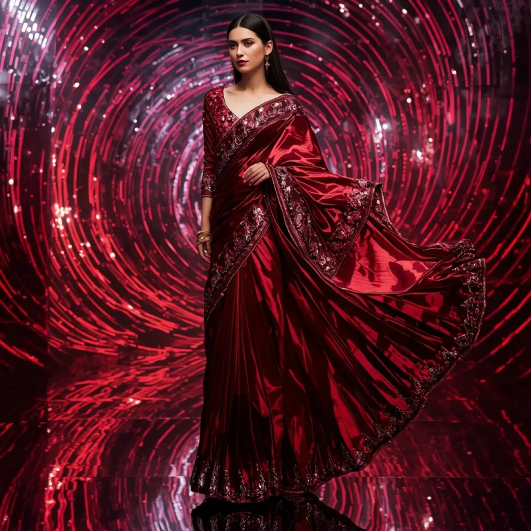 Crimson Titanium Infinity Saree with Dynamic Laser Spiral Galaxies | cute prompt for girls in saree — AI image prompt