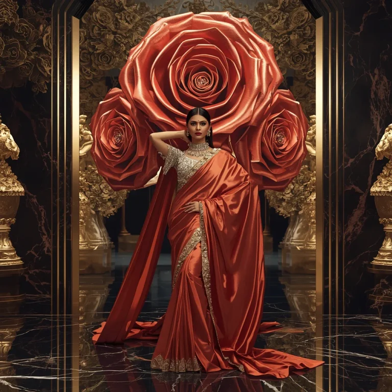 Festival Couture Saree with Giant Luxury Ribbon Rose and Fashion Queen Pose | prompt for girl photo editing — AI image prompt