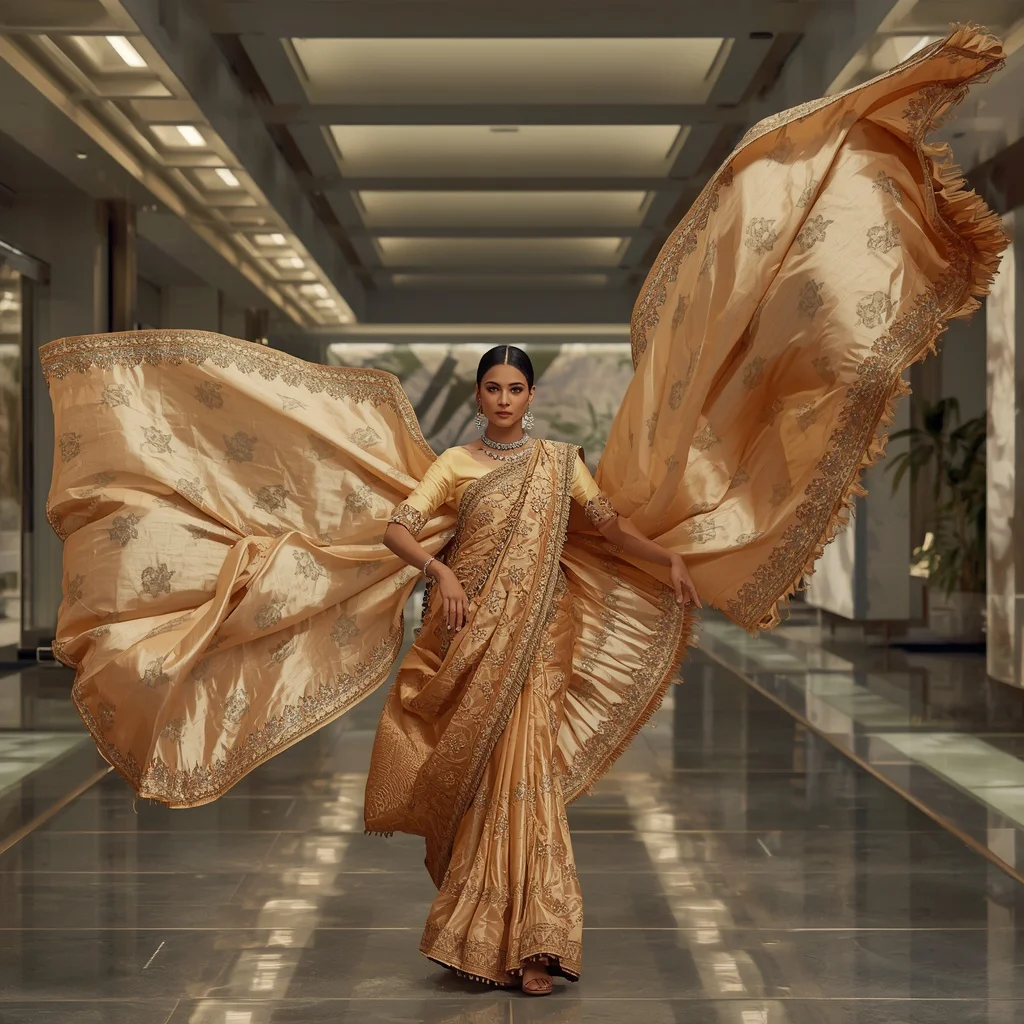Festival Saree with Giant Decorative Festival Banner Pallu and Luxury Open-Air Gallery | prompt for girls college instagram — AI image prompt