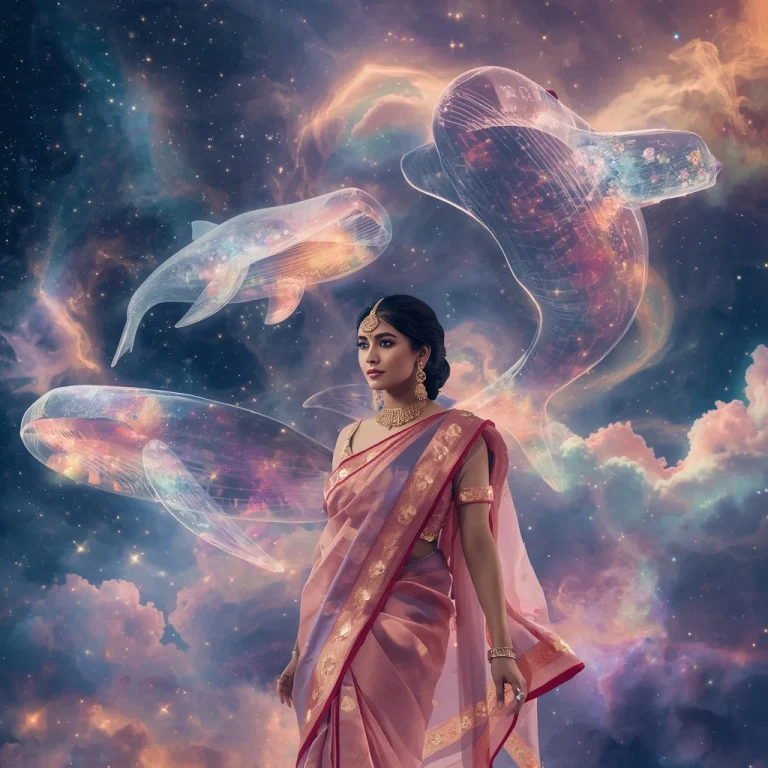 Festive Pastel Saree Crystal Celestial Whale Galaxy Luxury Collage | gemini saree prompt — AI image prompt