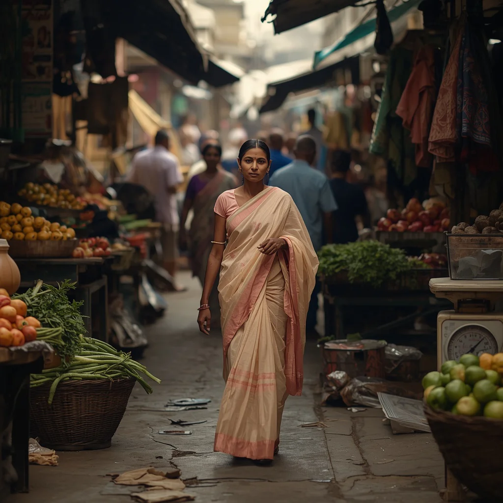 Festive Pastel Saree Real Market Vegetable Street Morning Crowd Documentary Fashion Frame | new instagram trend prompt for girl saree look — AI image prompt