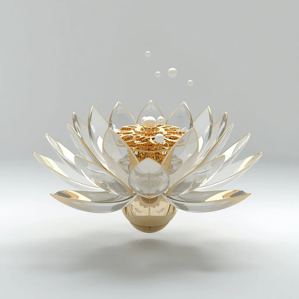 Floating Crystalline Lotus Flower With 3D Kinetic Gold Mechanical Gear Core | Traditional prompt for instagram — AI image prompt