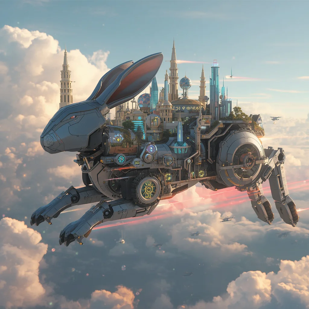 Floating Mechanical Rabbit City Concept | Banana prompts xy — AI image prompt