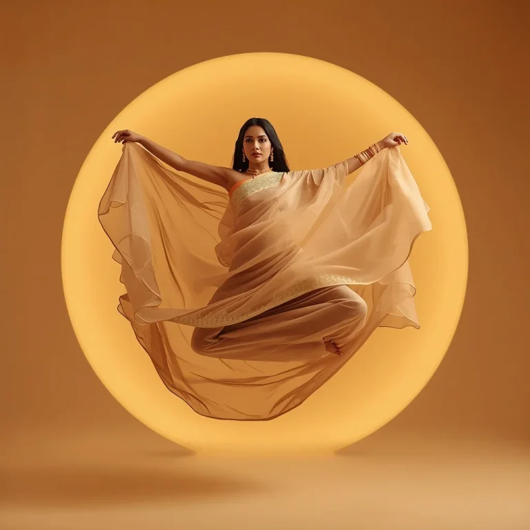 Full Body Mid-Air Float in Light Crystal Flow Mesh Saree on Flawless Amber Dome | ai image generator prompt text — AI image prompt