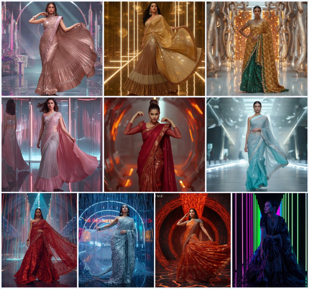 Glamorous Metallic Saree AI Prompts for Futuristic Shine | prompt for traditional look for girl chatgpt instagram — AI image prompt