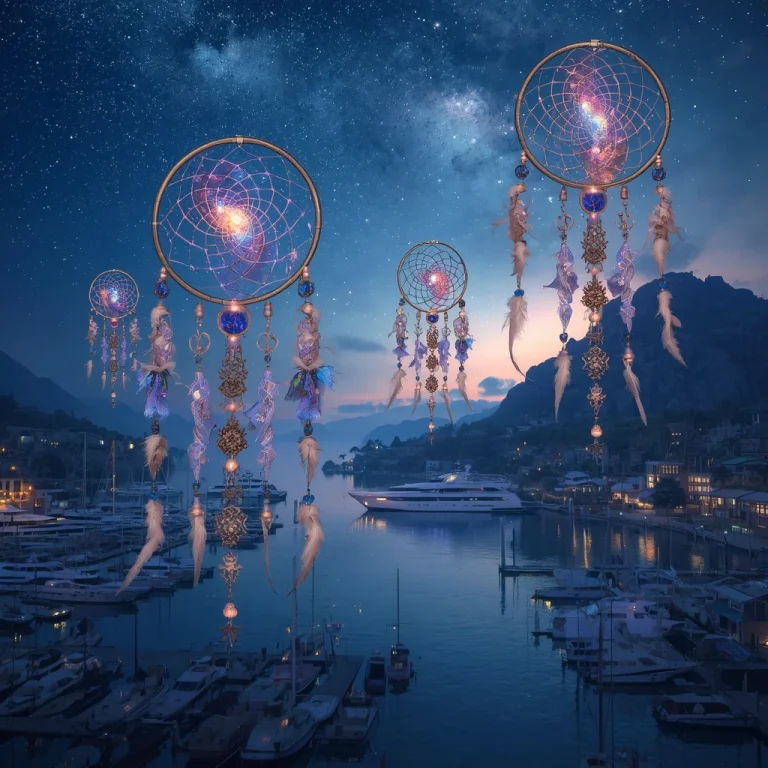 Luxury Fashion Harbor Floating Between Giant Sapphire Dreamcatchers Capturing Entire Galaxies | cute prompt in english — AI image prompt