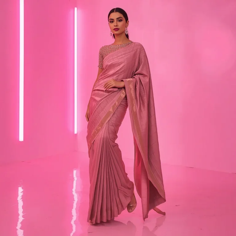 Modern Rose Prism Ribbon Saree Look with Pink Neon Studio Background | gemini traditional saree prompt in english — AI image prompt