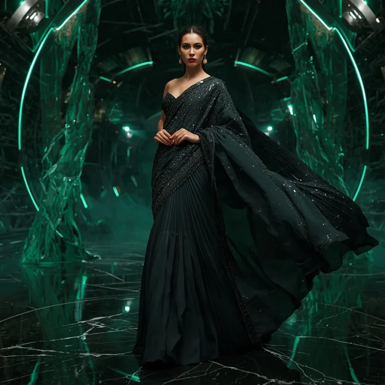 Obsidian Emerald Queen Saree with Shadow Crystal Solar Cosmos | prompt for gemini girl attitude — AI image prompt