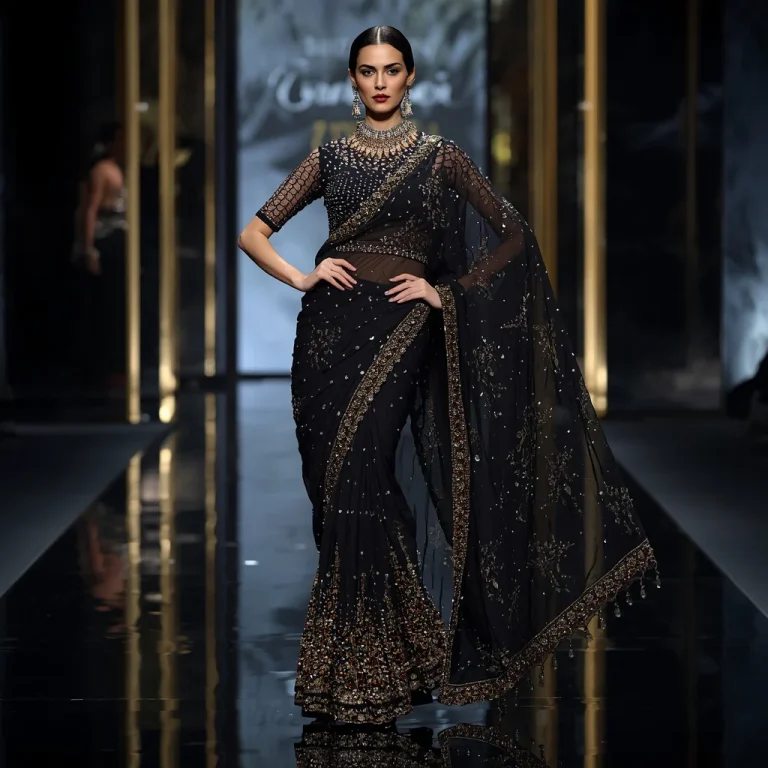 Royal Black Crystal Festival Saree with Fashion Week Editorial Look | new prompt girl — AI image prompt