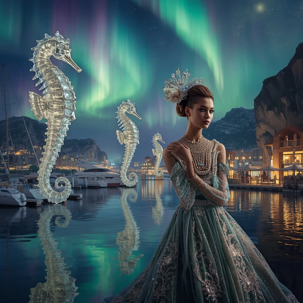 Royal Fashion Harbor Floating Around Giant Diamond Seahorse Skeletons Illuminated by Aurora Storms | Instagram trending purple prompt — AI image prompt