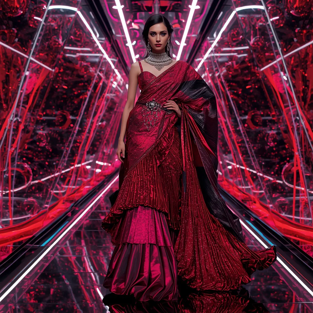 Ruby Voltage Mirage Saree with Mirror Sphere Neon Corridors | retro style prompt for gemini girl in saree copy and paste — AI image prompt