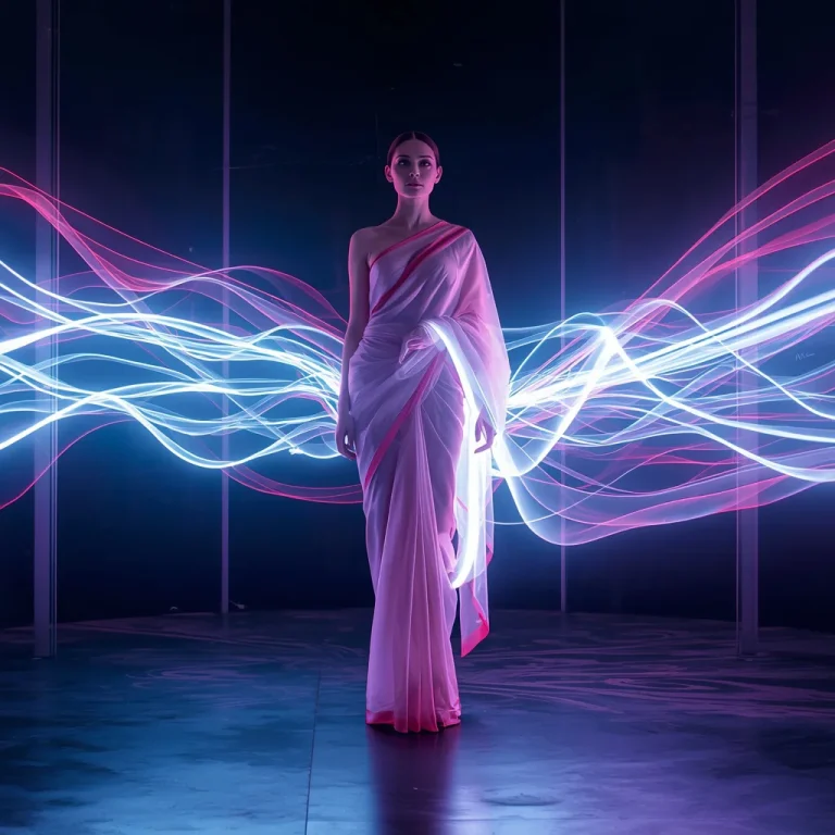 Ultra Modern Plasma Silk Ribbon Motion Saree With Flowing Energy Strands And Dynamic Air Trajectory System Design | prompt for gemini ai girl modern saree in english — AI image prompt