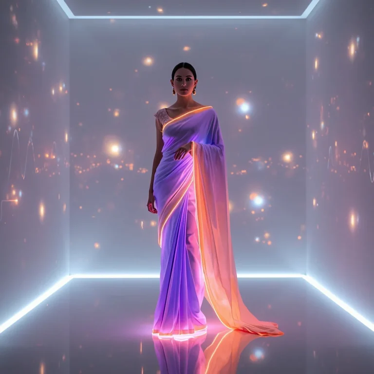 Ultra Modern Reactive Emotion Glow Saree With Mood Adaptive Light Skin And Intelligent Fabric Sentiment System Design | trending prompt copy paste — AI image prompt