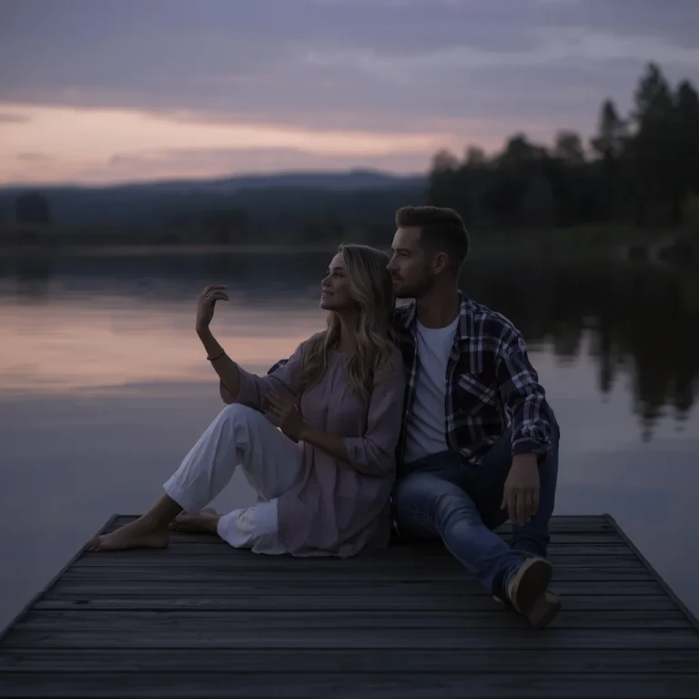A Romantic Couple Sharing a Quiet Evening on a Lakeside Dock | realistic couple ai prompt — AI image prompt