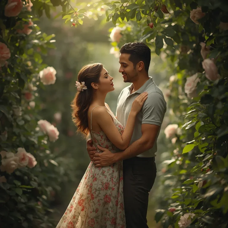 A Romantic Couple’s Sweet Embrace in a Lush Secret Garden | Romantic couple AI prompt copy and paste Instagram — AI image prompt