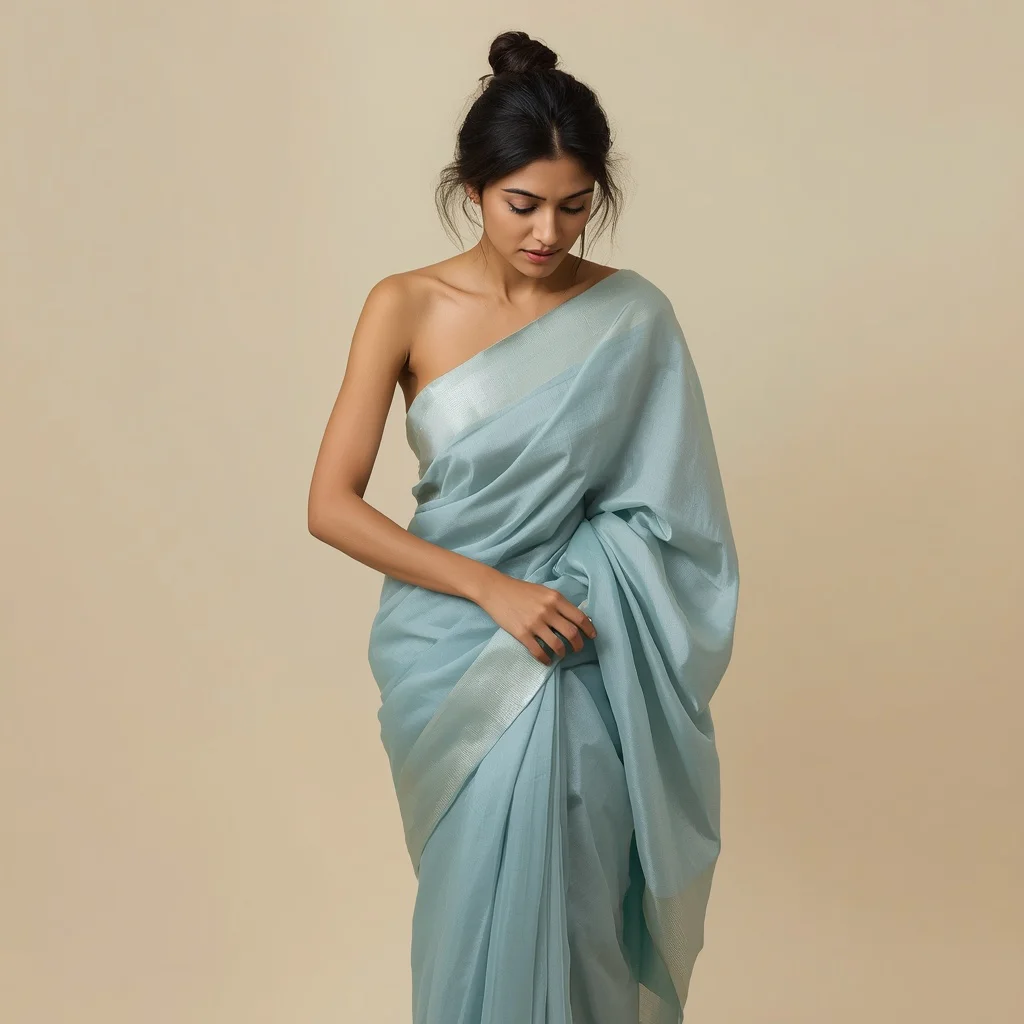Candid Moment: Indian Woman Adjusting Saree in a Softly Lit Environment | new prompt photo editor — AI image prompt