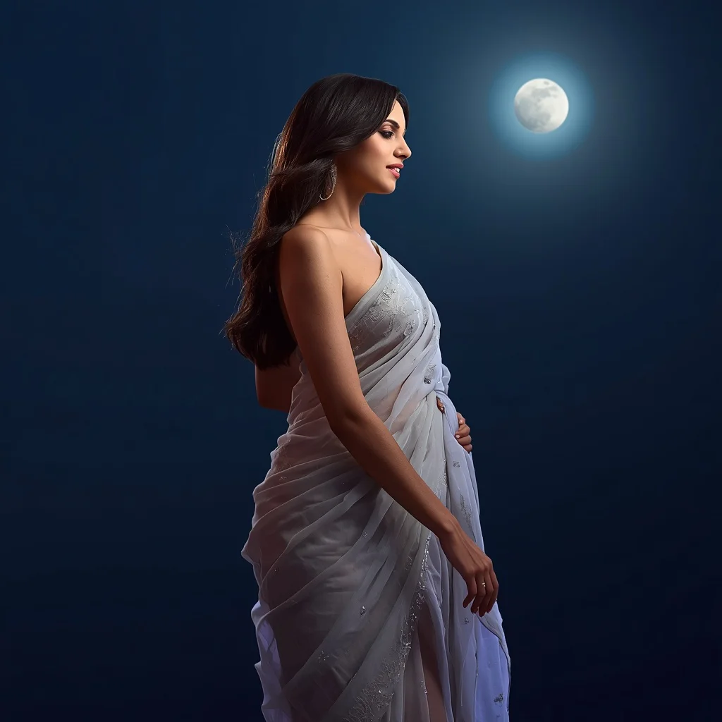 Elegance by Moonlight: Indian Woman in Sheer Saree Under a Full Moon | new ai prompt girl — AI image prompt