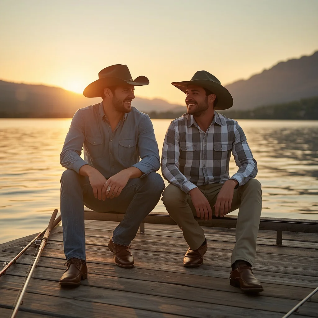 Men in Casual Western Fashion: Lakeside Retreat at Sunset | Prompt seen trending boy Instagram AI photo — AI image prompt