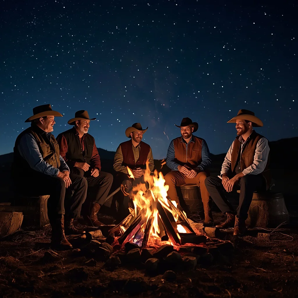 Men in Western Theme Outfits, Gathered Around a Campfire at Night | Gemini ai traditional boy prompt — AI image prompt
