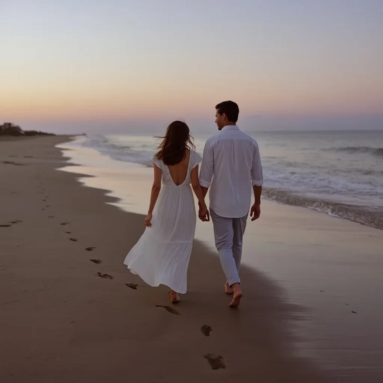 Romantic Couple’s Beach Walk in Elegant Western Casual Attire | trending ai prompt — AI image prompt
