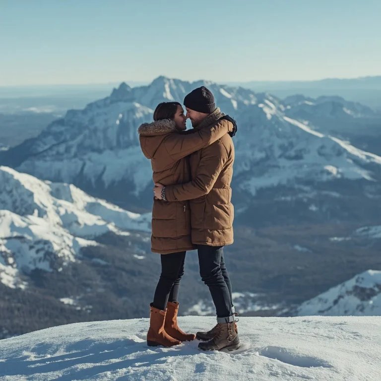 Romantic Couple’s Embrace on a Snowy Mountain Peak | Prompt seen married couple ai photo free — AI image prompt