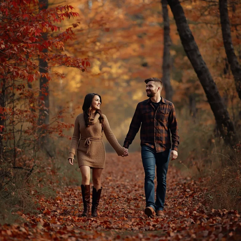 Romantic Couple’s Hand-Holding Stroll Through an Autumn Forest | Hot romantic couple AI prompts — AI image prompt