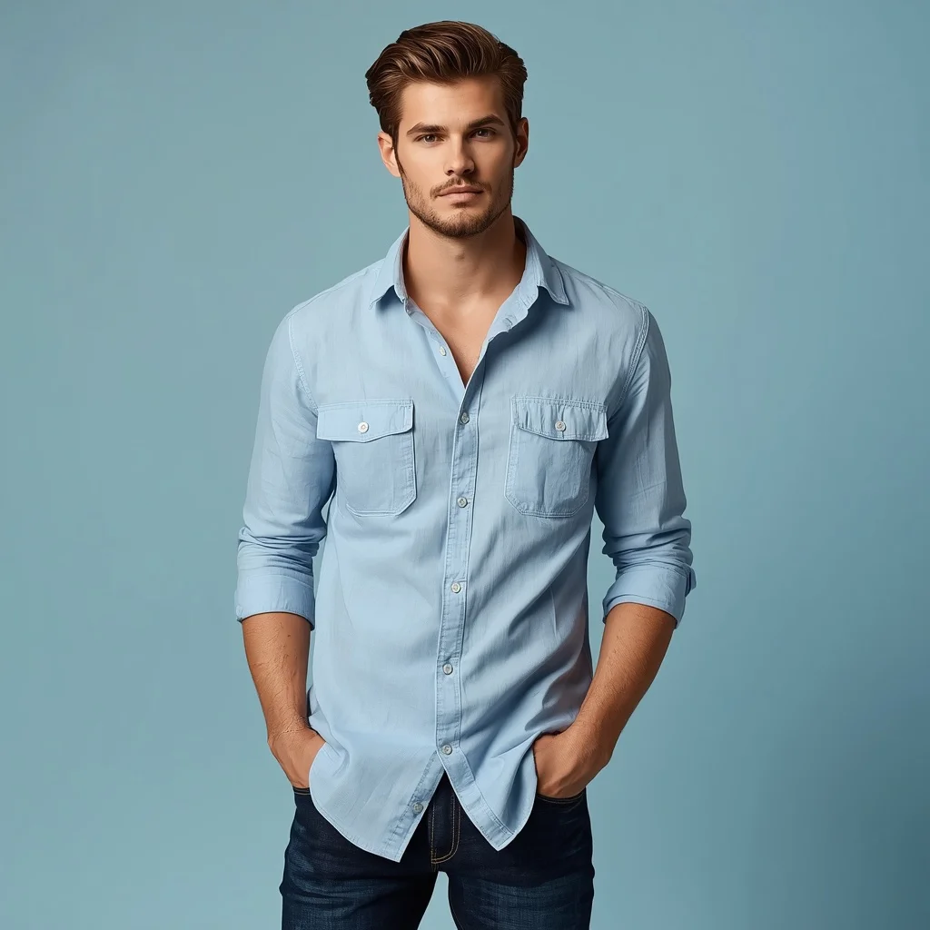 Stylish Man Posing in a Soft Powder Blue Western Shirt | ChatGPT photo editing prompts for boy — AI image prompt