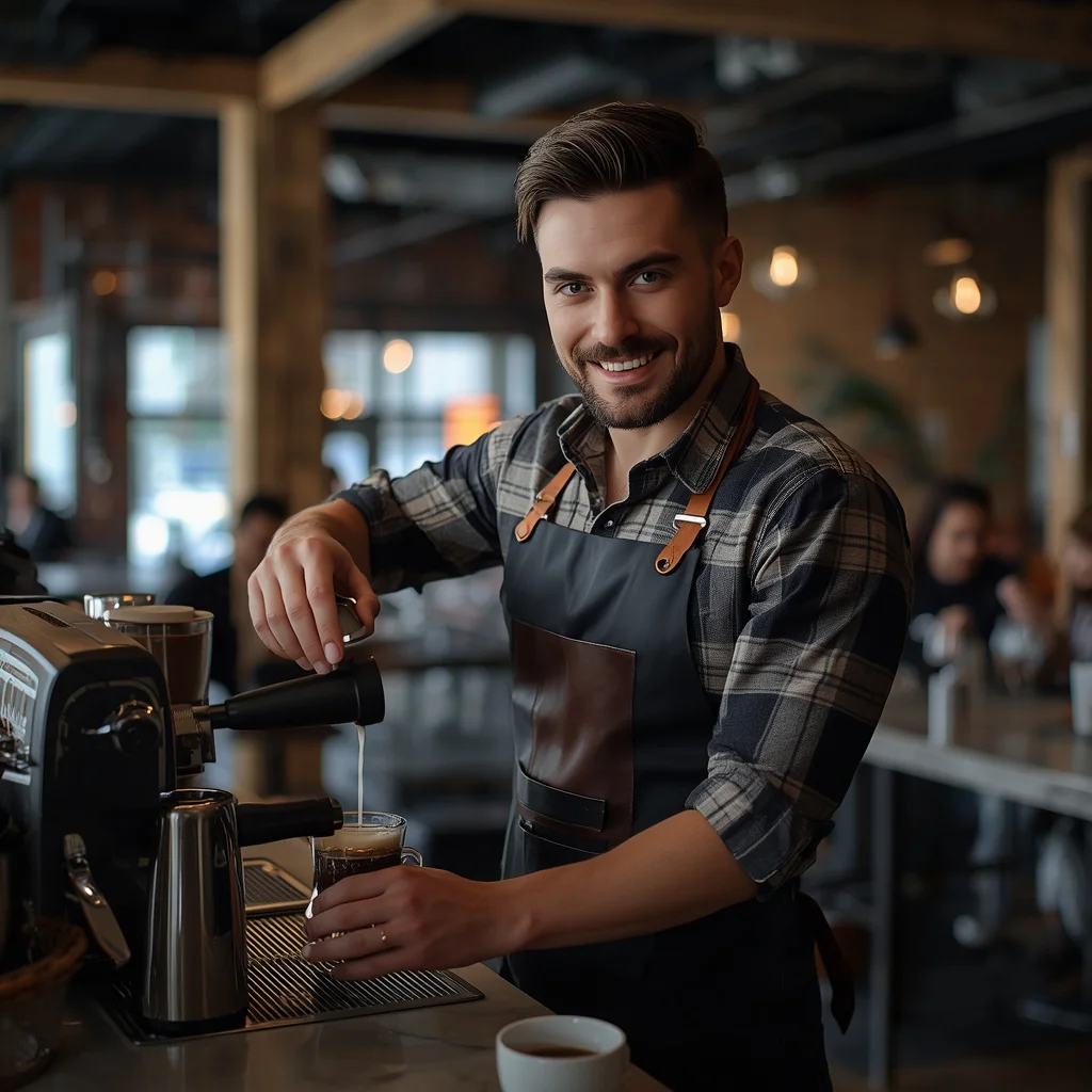 Western Theme Outfit Male: Barista in a Modern Rustic Coffee Shop | fantasy ai prompt — AI image prompt
