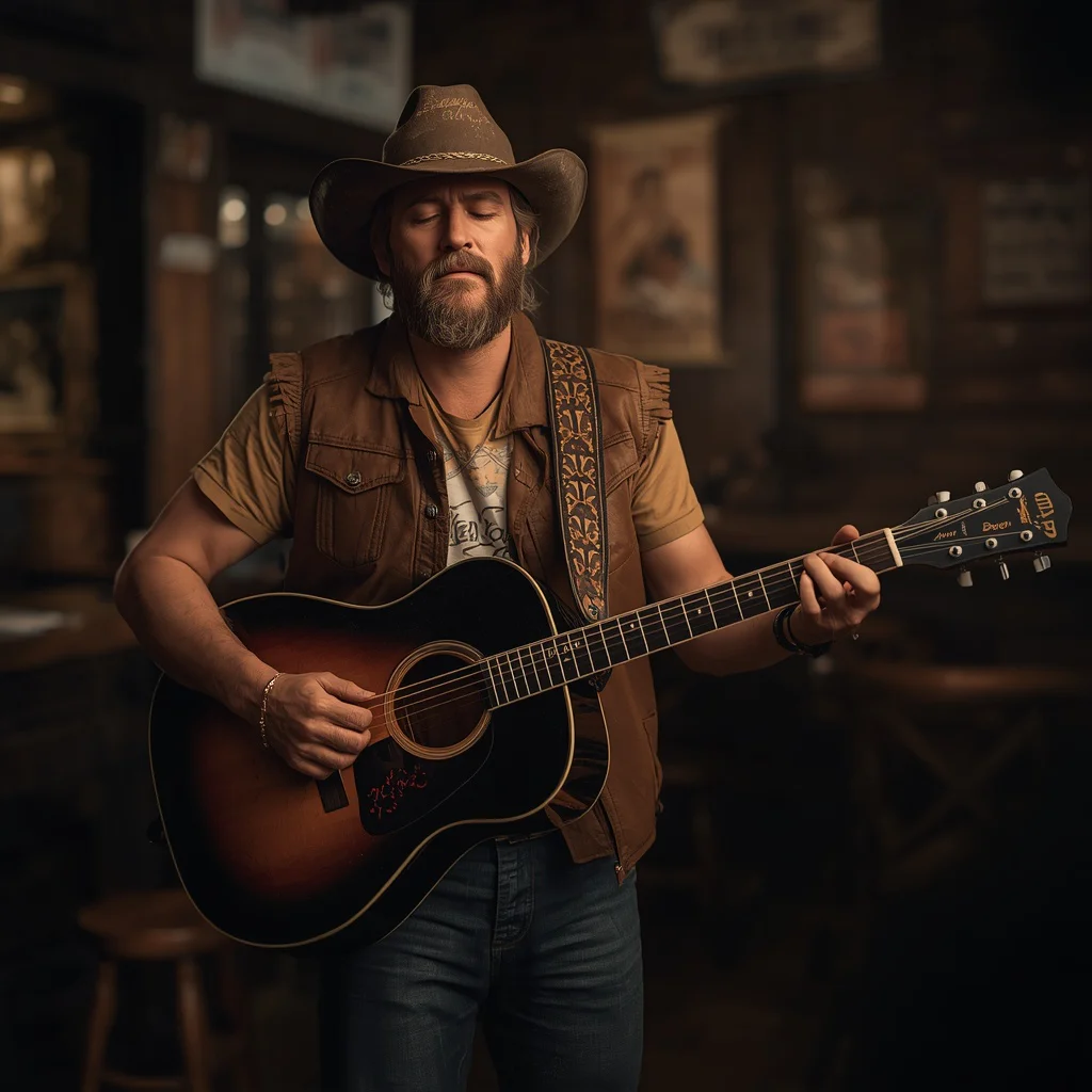 Western Theme Outfit Male: Musician in a Dusty Roadhouse Bar | festival prompt — AI image prompt
